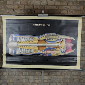 Jet Engine Cutaway: original vintage 1960s German educational school poster wall chart Engineering technical print plane aviation rocket