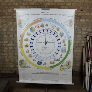 Het jaar, maanden, seizoenen: originele vintage jaren 1990 Duitse educatieve poster basisschool wandkaart roll down kinderen afdrukken Tijdkalender