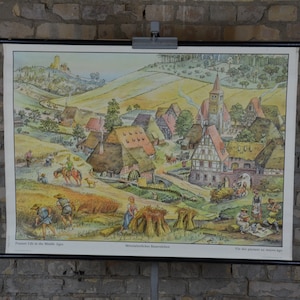 Medieval Village, Farmers, Castle: original vintage 1950s German school wall chart history archaeology agriculture middle ages illustration