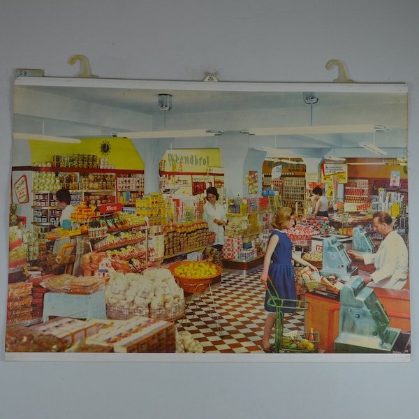 Grocery Shop, Supermarket: original vintage 1960s German educational school poster wall chart photo print food store mid century consume