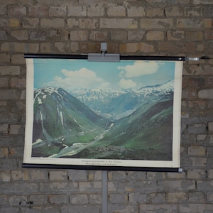 Glaciar del Ródano, Paso Furka, Alpes suizos: original vintage de la década de 1970 cartel educativo alemán gráfico de pared de la escuela enrollar hacia abajo imprimir foto Suiza