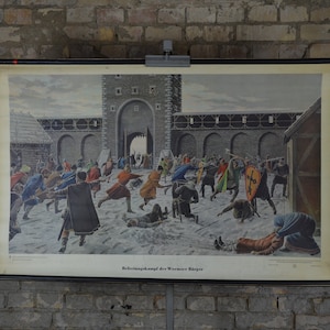 Civil Battle of Worms, Medieval Uprising: original vintage German 1950s educational poster school wall chart Knights GDR Socialist Realism