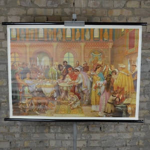 Corte di Carlo Magno: poster da parete della scuola educativa tedesca vintage originale degli anni '60 illustrazione medioevo stampa re Sacro Romano Impero