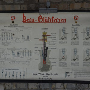 Bougies de préchauffage de moteur diesel, Beru-Glühkerzen: original vintage des années 1930 Affiche éducative allemande tableau mural rouleau bas imprimer voiture bougie d’allumage