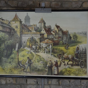 Fortification de la ville médiévale, porte: original antique des années 1890 école allemande carte murale affiche éducative moyen âge histoire imprimer chariot