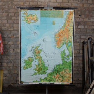 The North Sea, British Isles: original Vintage 1960er Jahre Landkarte Schulposter Schulpostkarte Großbritannien Dänemark Skandinavien