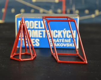 Pyramid & Parallelepiped, Volumes, geometric shape classroom model: original vintage 1970s Czech geometry visual aid math metal science