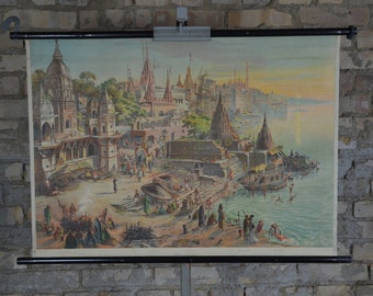 Varanasi, Benares, India: original antique 1890s German educational school poster wall chart lithography print Ganges River vintage Hindu