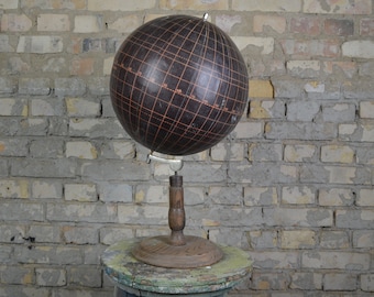 Globe scientifique antique exceptionnel à grille à induction : support en bois pour l'enseignement universitaire, rare et original, fait main dans les années 30, physique vintage