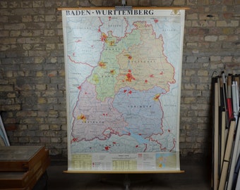 Large Classroom Map of Baden-Württemberg, Germany: original vintage 1980s German educational poster school wall chart roll down Stuttgart