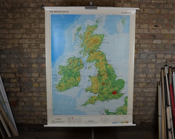 Grandi isole britanniche, mappa del Regno Unito: originale vintage 1990s Poster educativo tedesco stampa del grafico della scuola Inghilterra Irlanda Scozia Gran Bretagna