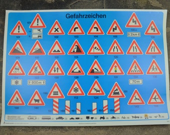 1970s Danger road signs, Autobahn, Germany: original vintage school chart  traffic signs educational poster 70s graphic design pictograms