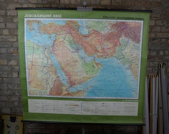 Middle East, huge 1980s map: original vintage Czech educational poster school wall chart roll down print large wall map geography Arab