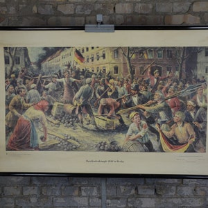 1848 Revolution Berlin, Riots: original vintage 1950er Jahre Lehrposter Schule Wandkarte historische Druck Riot politische Barrikaden