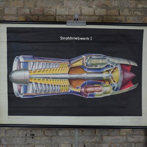 Jet Engine Cutaway, Aviation: poster da parete originale vintage della scuola educativa tedesca degli anni '60 Razzo aereo con stampa tecnica tecnica