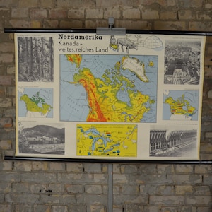 Canada: mappa da parete originale della scuola tedesca degli anni '60, mappa educativa, stampa a discesa, industria Inuit, Montreal, metà secolo, silvicoltura