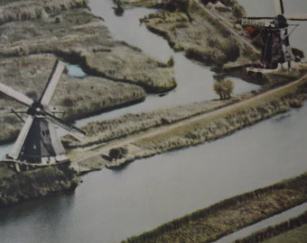 original vintage 1950s large colourized photo print aerial view Dutch Windmills Netherlands Holland school wall chart Grachten Europe poster