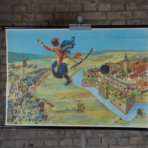 Baron Münchhausen chevauchant boulet de canon, conte populaire allemand: original vintage 1950 affiche éducative école carte murale impression illustration