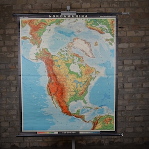 Mappa vintage del Nord America: originale 1960 tedesco grande carta scolastica cartellone educativo rotolare giù USA Canada continente topografico