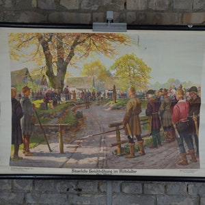 Mittelalterlicher Bauernhof, Germanische Sache: original antik 1930er Jahre Lehrposter Schule Wandkarte Druck Geschichte Mittelalter
