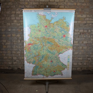 Grande mappa topografica a doppia faccia della Germania: originale vintage 1990s tedesco poster scolastico carta da parati roll down industria di stampa
