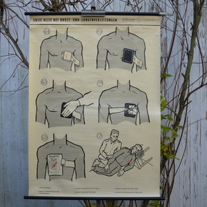 Lung & Chest Wounds First Aid: originale vintage 1960s tedesco Poster educativo scolastico carta da parete stampa anatomica anatomica anatomia anatomica anatomia anatomica