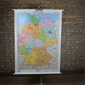 1992 Mappa della Germania riunificata, Länder: annata originale Anni 1990 Poster educativo tedesco Grafico scolastico a parete roll down stampa geografia Europa