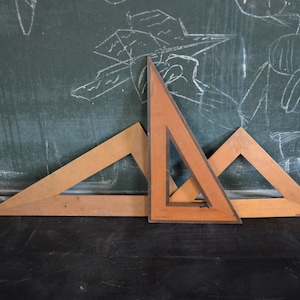 Set of 3 antique wooden geometry triangle rulers: original 1880s French educational school visual aid math science mathematics vintage