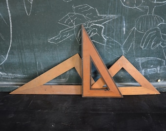 Set of 3 antique wooden geometry triangle rulers: original 1880s French educational school visual aid math science mathematics vintage