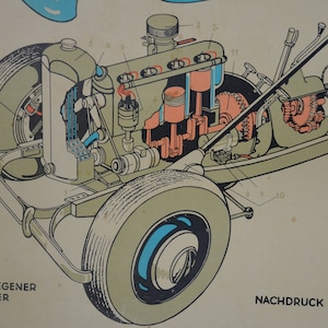 May include: A detailed illustration of a car's chassis, showing the engine, transmission, and suspension. The illustration is labelled with numbers and includes the text "FAHRGEST (CHASSIS)" and "NACHDRUCK VERBOTEN".