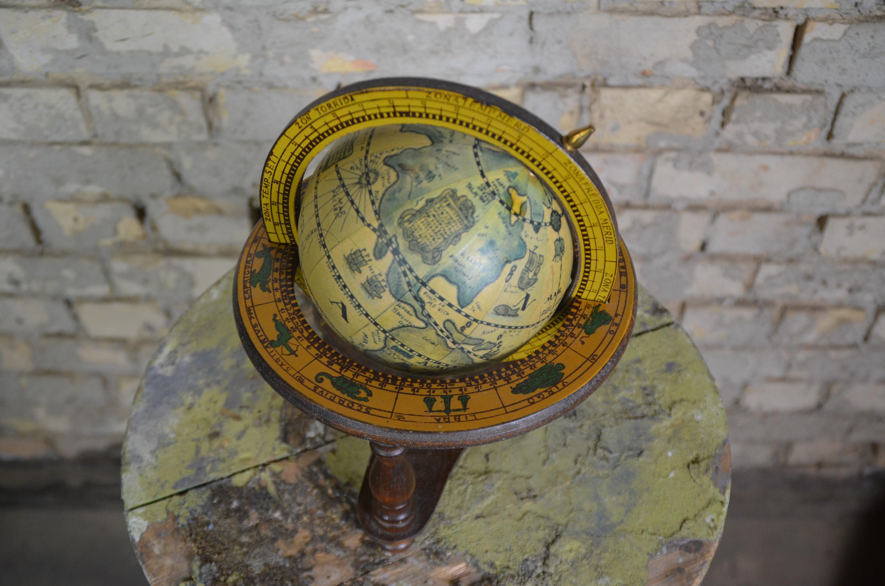 Antique Wooden Globe, Zodiac Signs: Original Vintage 1950s Museum