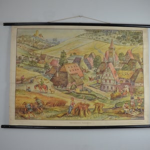 Medieval Peasents village original vintage anni '50 Poster della scuola educativa tedesca rotolare giù parete grafico Medievale Storia Città Illustrazione