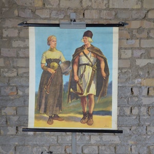 Bronze Age Fashion Scandinavia: original antique 1920s German school wall chart history archaeology Iron Age Vikings print history antiquity