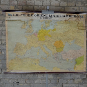Deutsche Orient-Linie Hamburg, H. Schuldt: RARA mappa antica dell'Europa, transatlantici, poster originale degli anni '20 stampa carta da parati scolastica Israele