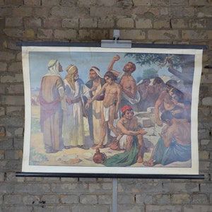 Joseph Sold into Sknecht: Original Vintage Deutsch 1950er Jahre Lehrposter Schule Wandkarte Roll down Bibel Altes Testament Biblische Genesis