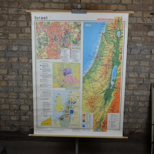 Große Klassenzimmer Karte von Israel: original Vintage 1980er Jahre Deutsches Bildungsposter Schulwandkarte Roll-Down-Druck Kibbuz-Stadtplan Jerusalem