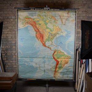 antica mappa murale ENORME del Nord e Sud America: originale vintage 1950s Poster educativo tedesco grafico a parete della scuola rotolare verso il basso USA Canada