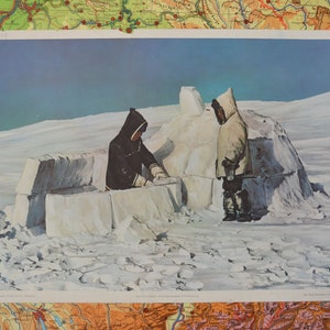 Inuit building Igloo: vintage originale anni '70 tedesco poster scuola educativa parete carta a colori stampa fotografica eschimese Canada Arctic Greenland