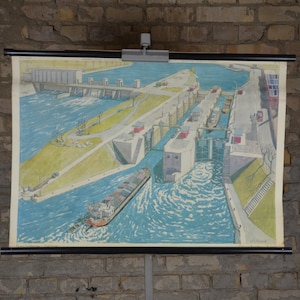 Riviersluis sluis sluis, Watergate: originele vintage jaren 1960 Zwitserse educatieve poster school muur kaart print boten schepen mid century engineering