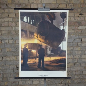 Metal Industry, Steel, Blast Furnace: original vintage 1960s German educational school poster wall chart roll down photo print Iron Plant
