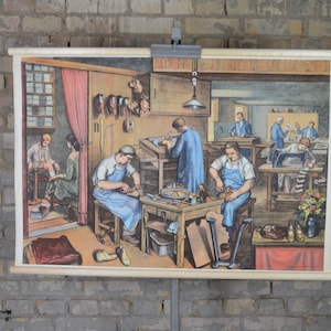 Shoemaker&#39;s Workshop, Cobbler: original vintage 1950s Austrian educational school poster wall chart mid century print artisan bespoke shoes