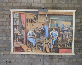 Shoemaker's Workshop, Cobbler: original vintage 1950s Austrian educational school poster wall chart mid century print artisan bespoke shoes