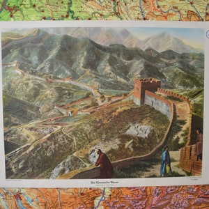 La Grande Muraglia Cinese: originale antico anni '50 tedesco scuola educativa poster parete parete carta fotografica vintage 萬里-ララ Storia cinese Pechino