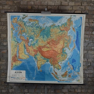 Große Vintage Landkarte Asiens: Original Vintage Österreich 1950er Jahre topografisches Poster Roll down Schule Wandkarte Kontinent Geografie Kontinent