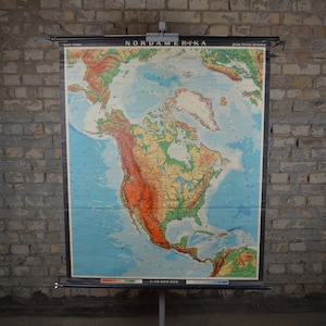 Mappa del Nord America: originale vintage 1960s tedesco grande scuola wall chart poster educativo rotolare giù USA Canada continente topografico