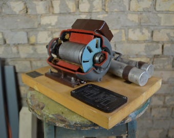 Electric Motor & Capacitors, vintage cutaway model: original 1950s Czech classroom engineering college teaching aid antique school model