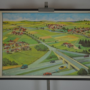 Straßen und Dörfer: Original Vintage 1960er Jahre Lehrposter Schule Wandkarte Druck Autobahn Autos Geografie Illustration