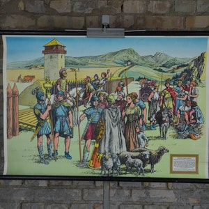 Römer am Limes / Hadrian Wand: Original Vintage 1950er Jahre Lehrposter Schule Wandkarte Roll down Druck Antike Barbar