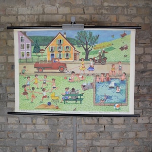 As Estações - Verão: pôster original vintage de escola primária alemã dos anos 1960, com ilustração de meados do século por Ulrik Schramm