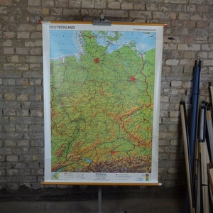 Doppelseitige topografische Landkarte Von Deutschland: Original Vintage 1990er Jahre Lehrposter Schule Wandkarte Roll down Großdruck Geografie